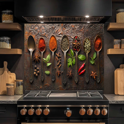 Decorative backsplash with spoons and spices above a stove in a kitchen.