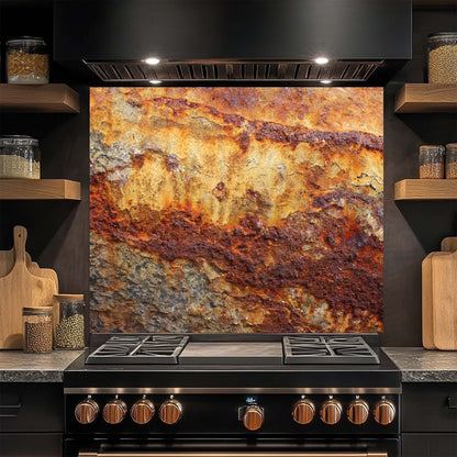 Stainless steel stove with rustic glass backsplash in a kitchen setting