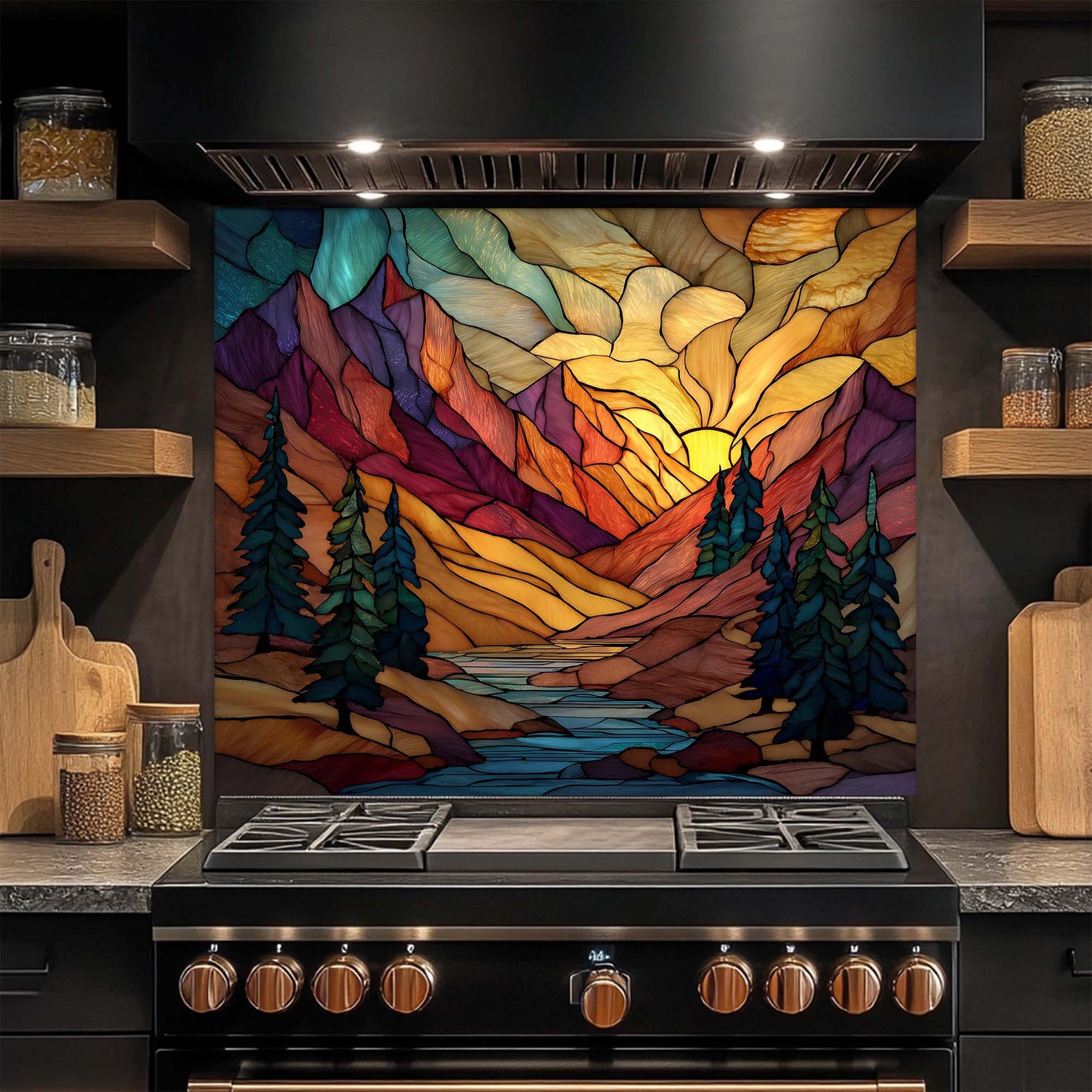 Stylized mountain landscape on a kitchen backsplash above a stove.