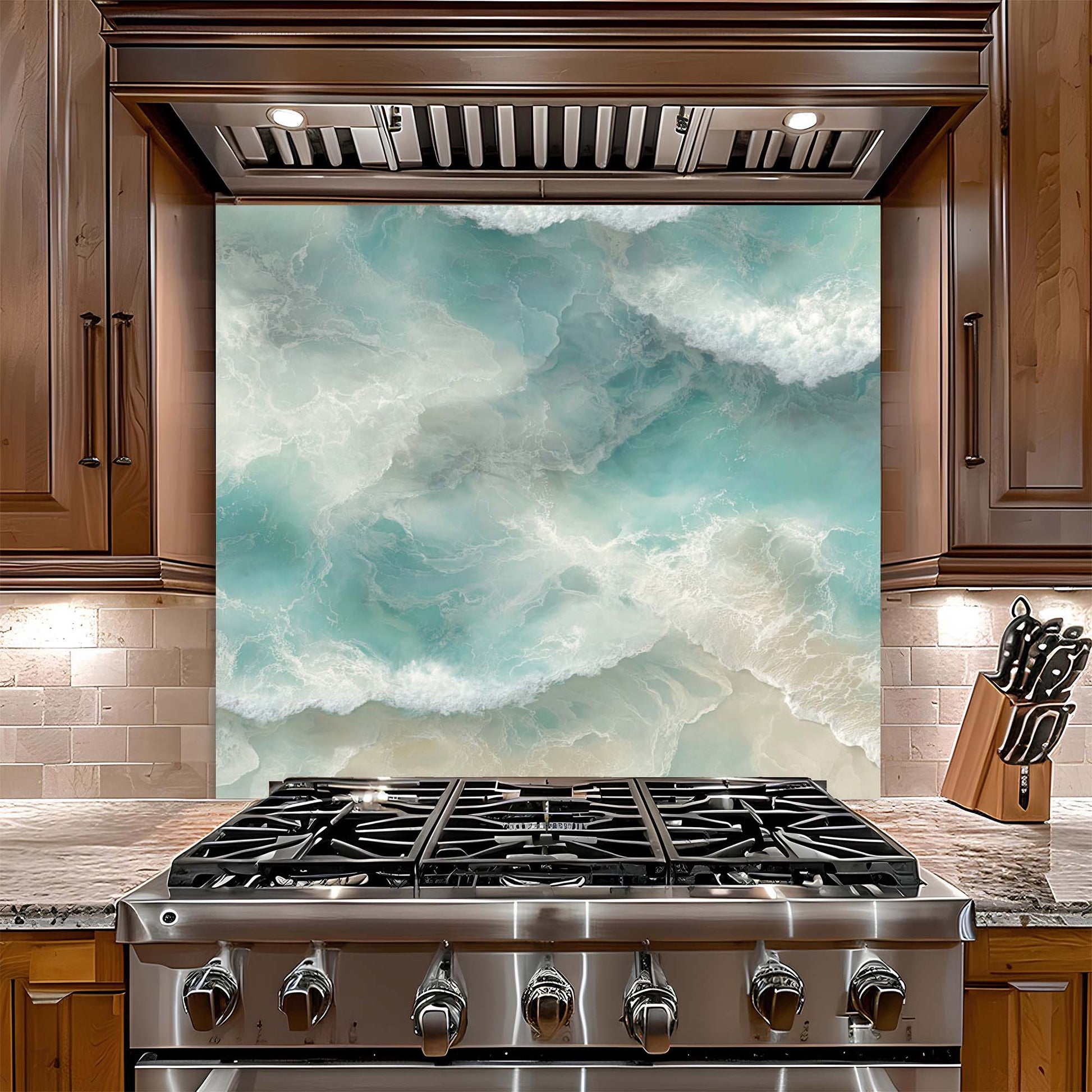 Stainless steel gas stove with a decorative glass backsplash featuring ocean waves.