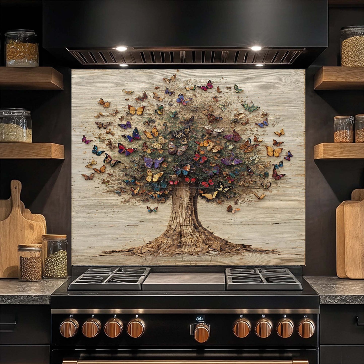 Butterfly Tree – Tempered Glass Backsplash for Kitchen | Colorful Tree of Life Backsplash