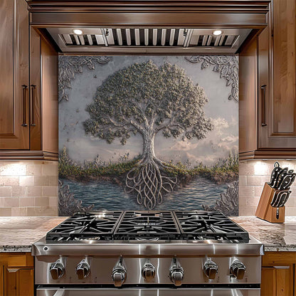 Stainless steel gas stove with decorative glass backsplash of a tree and landscape in a kitchen setting.