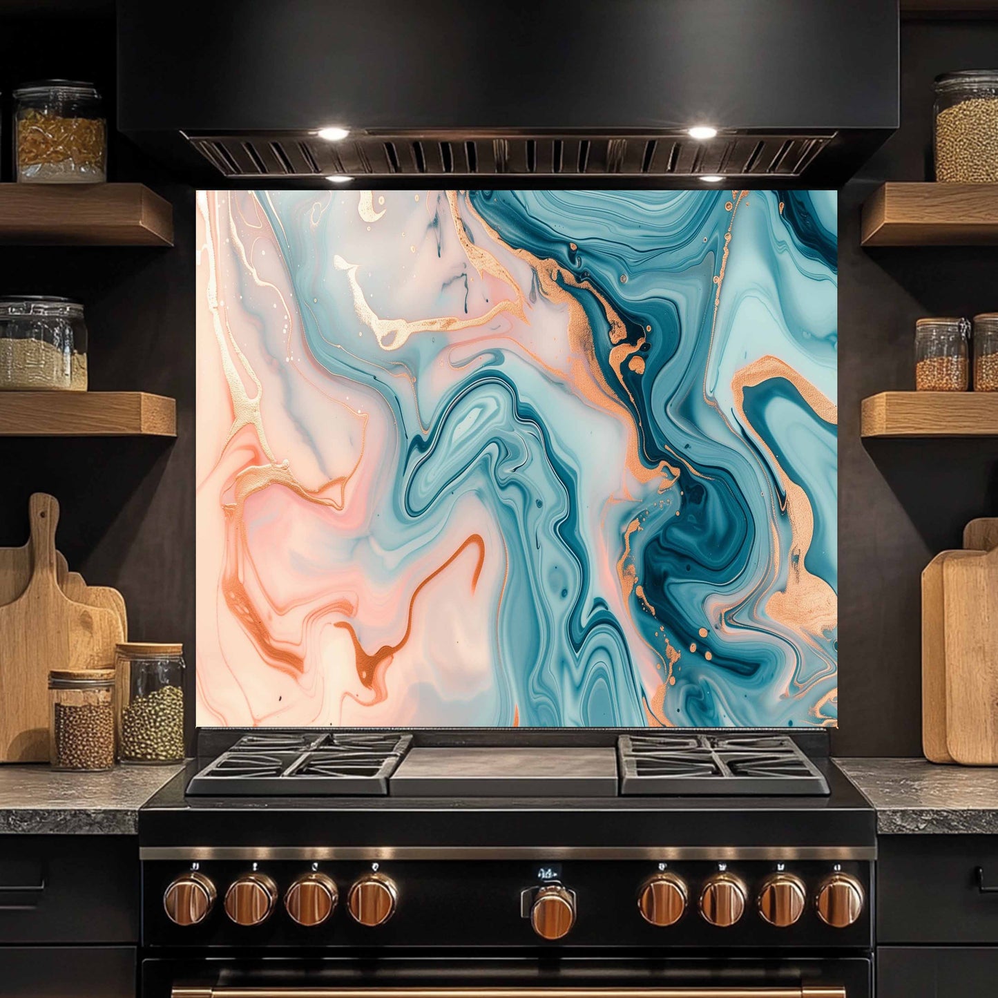Stainless steel stove with abstract patterned backsplash in a kitchen setting