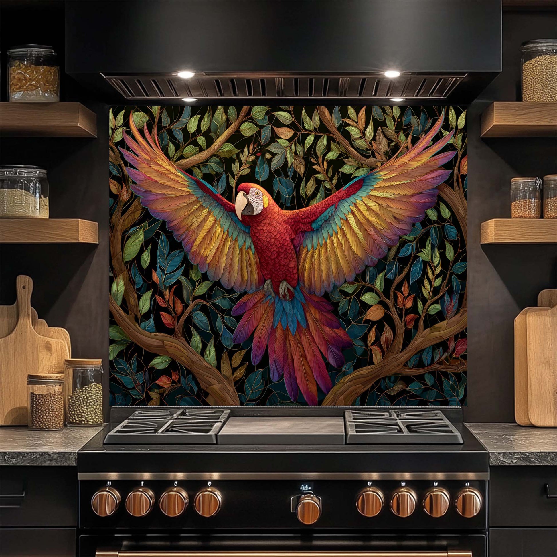 Kitchen stove with a colorful parrot design on the glass backsplash