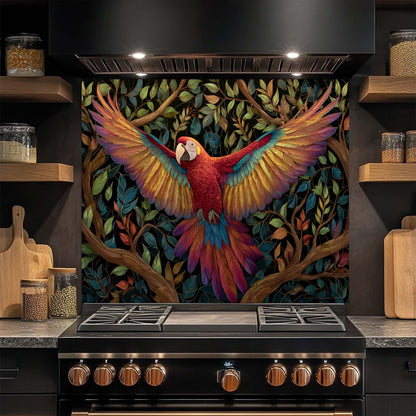 Kitchen stove with a colorful parrot design on the glass backsplash