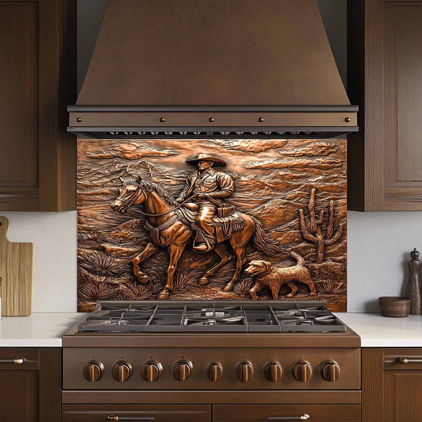 Stainless steel stove with decorative cowboy glass backsplash on the back in a kitchen setting