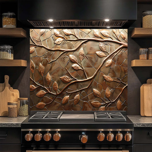 Stainless steel stove with decorative leaf-patterned glass backsplash in a kitchen setting.