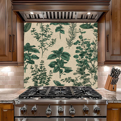 Stainless steel gas stove with a decorative glass backsplash featuring green leaf patterns in a kitchen setting.