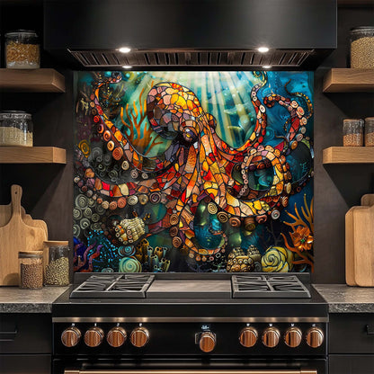 Stylish kitchen with a colorful octopus artwork on a glass backsplash above a stove.