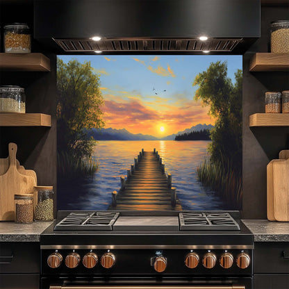 Tempered Glass Backsplash – Wooden Dock with Sunset Over Lake and Mountains, Warm Kitchen Backsplash