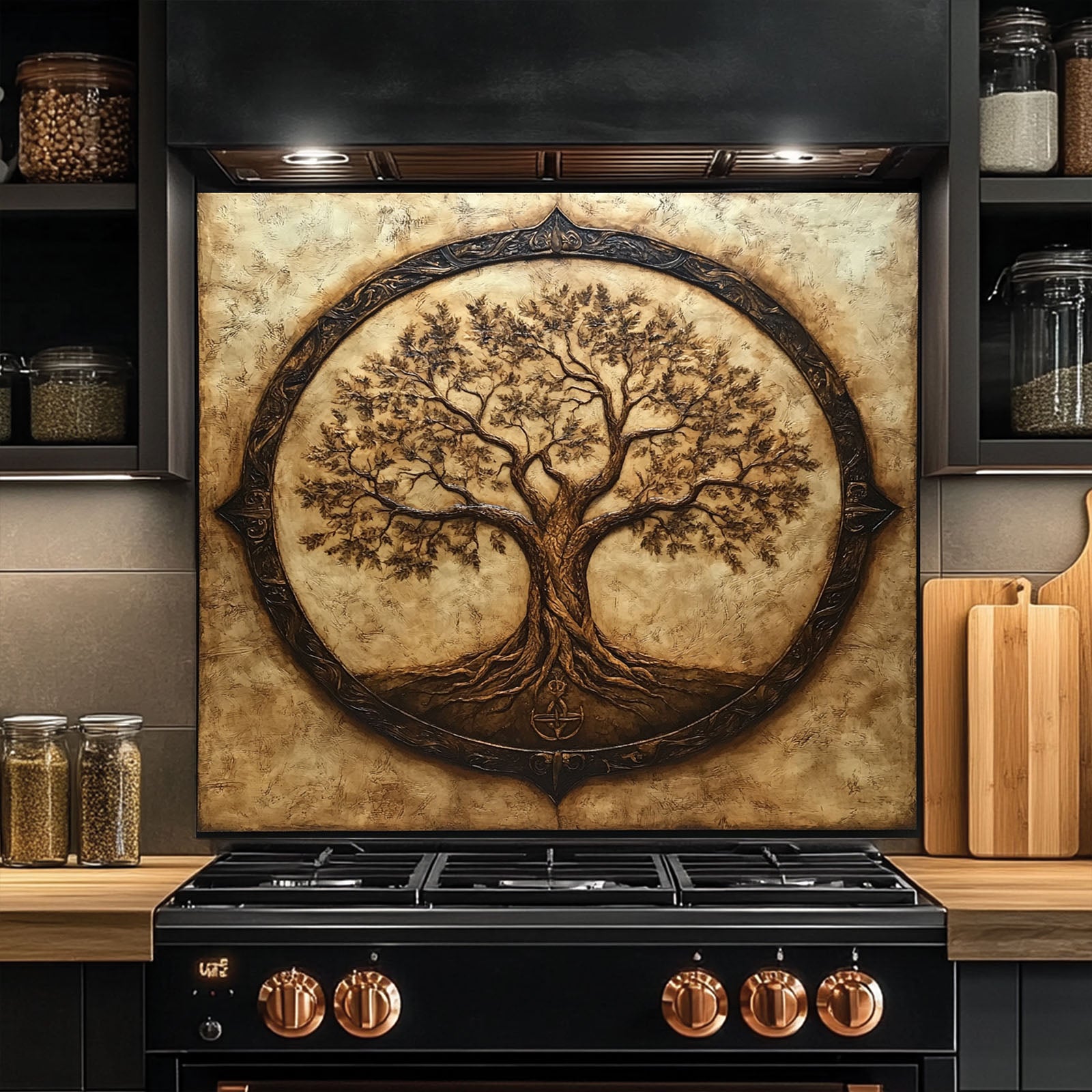 Decorative backsplash with a tree design above a black stove in a kitchen.