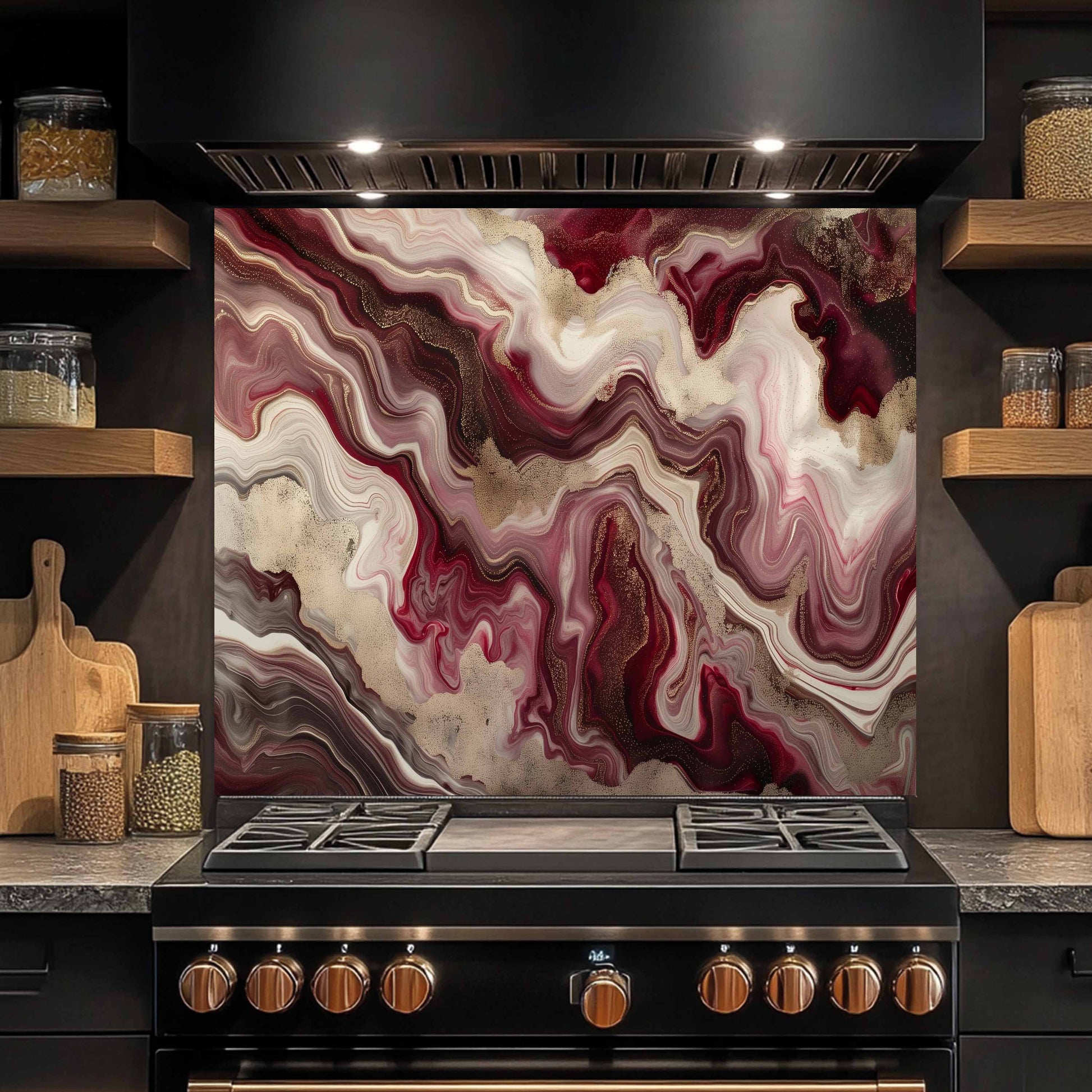 Stainless steel stove with marbled backsplash in a kitchen setting