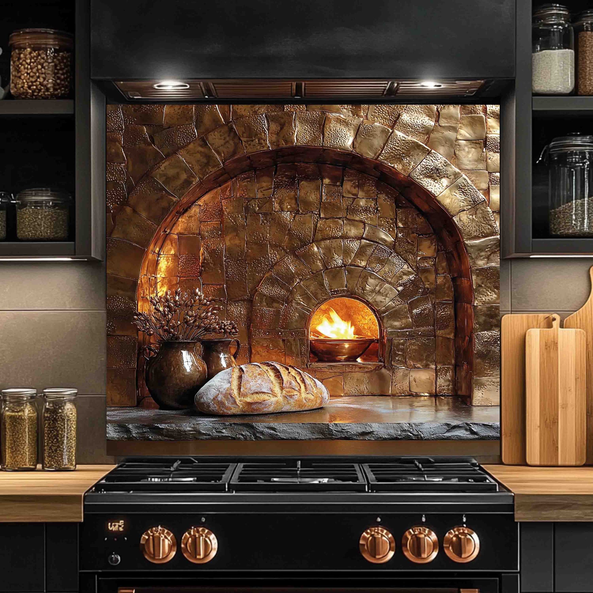Kitchen stove with a decorative backsplash featuring a stone oven and bread.