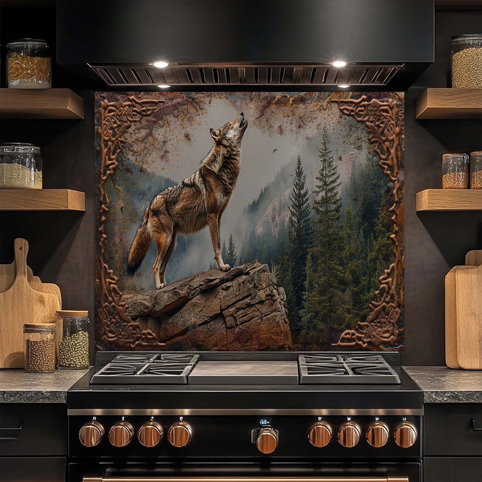 Kitchen stove with a wolf glass backsplash on the wall