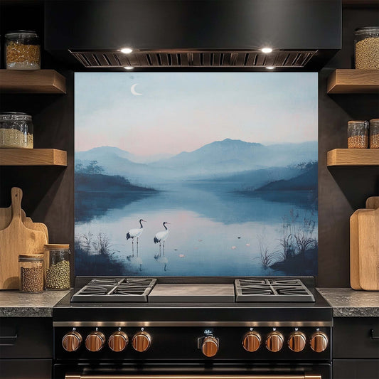 Tempered Glass Backsplash – Elegant Lake View with Cranes and Crescent Moon, Blue Serene Kitchen Backsplash