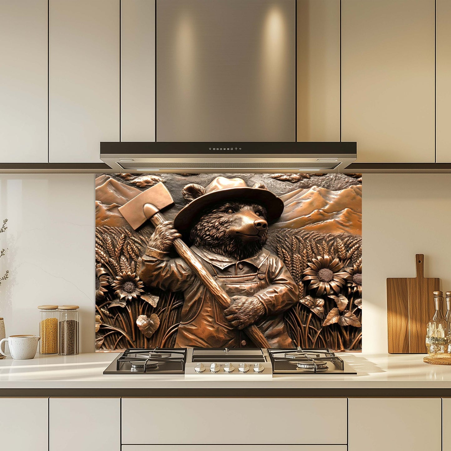 Decorative kitchen backsplash with a bear holding an axe design in a modern kitchen.