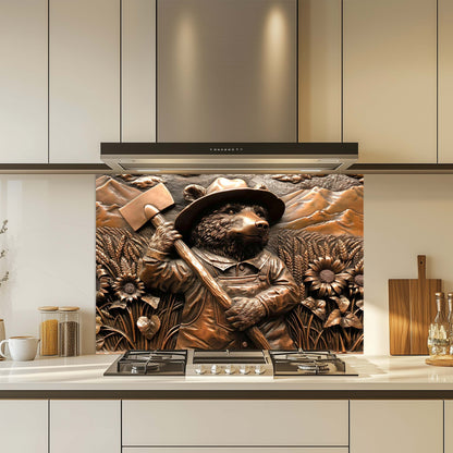 Decorative kitchen backsplash with a bear holding an axe design in a modern kitchen.