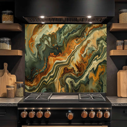 Kitchen stove with a colorful abstract design splashback