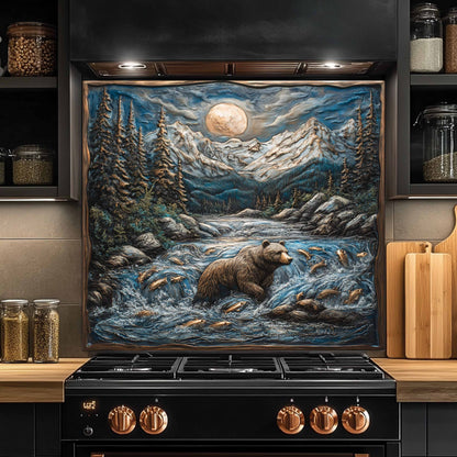 Stainless steel stove with a decorative backsplash featuring a bear and fish scene in a mountainous landscape.