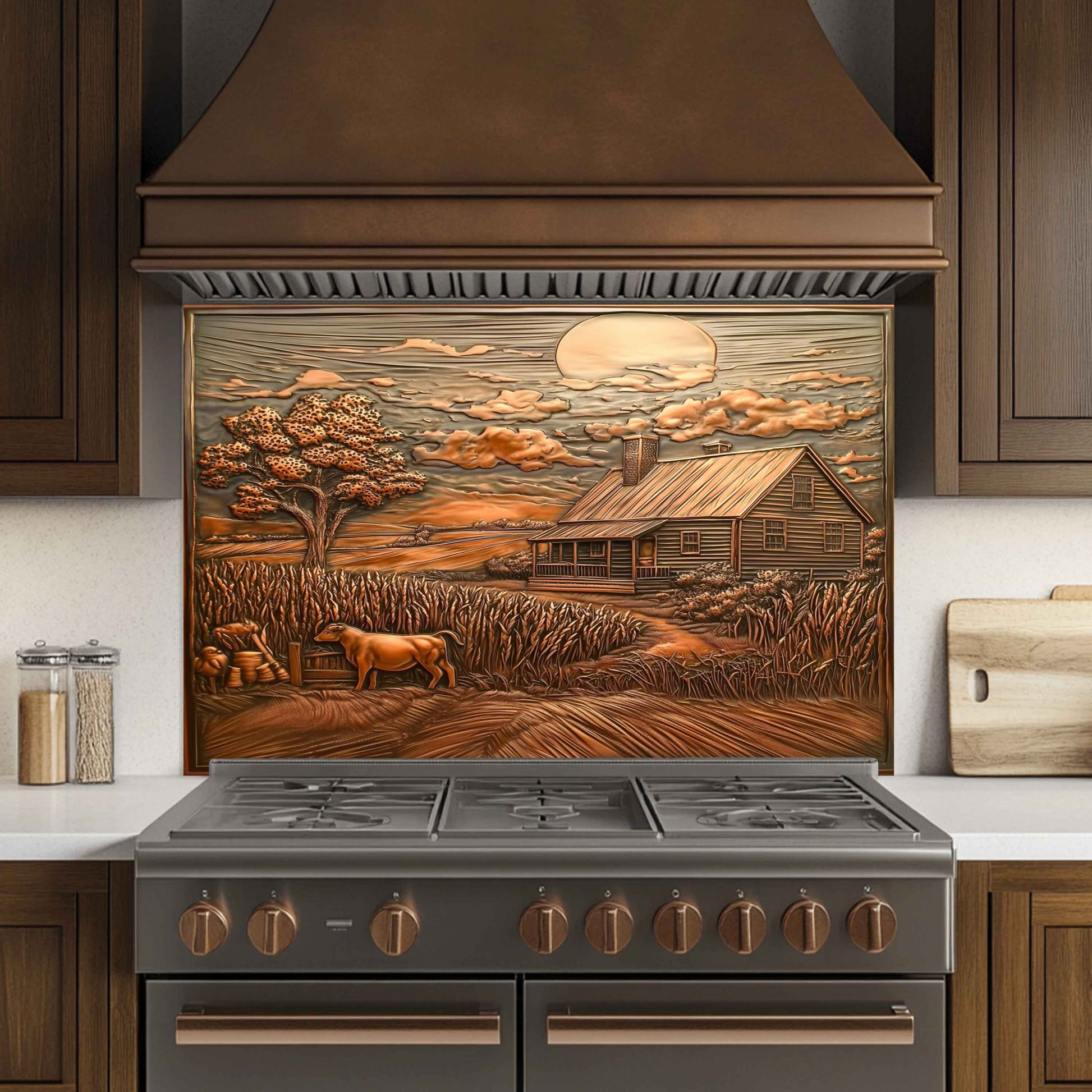 Decorative backsplash with a farm scene above a stove in a kitchen.