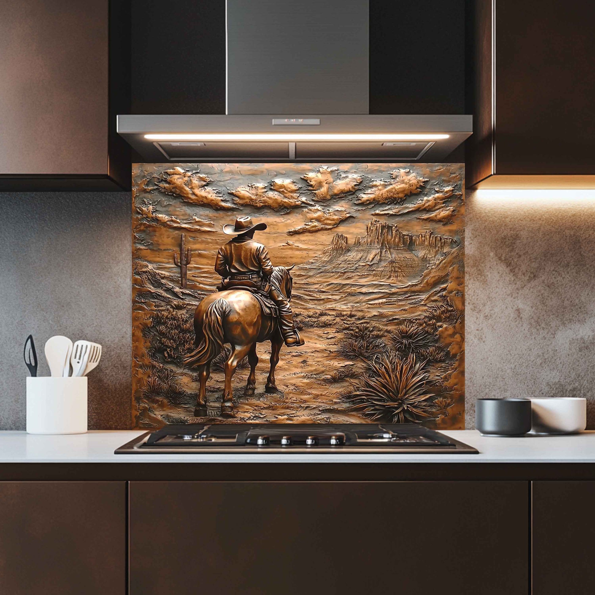 Kitchen with a decorative glass splashback featuring a cowboy on horseback.