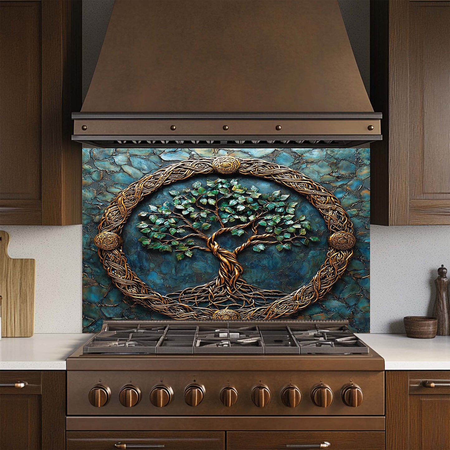 Decorative kitchen backsplash with tree design above a stove