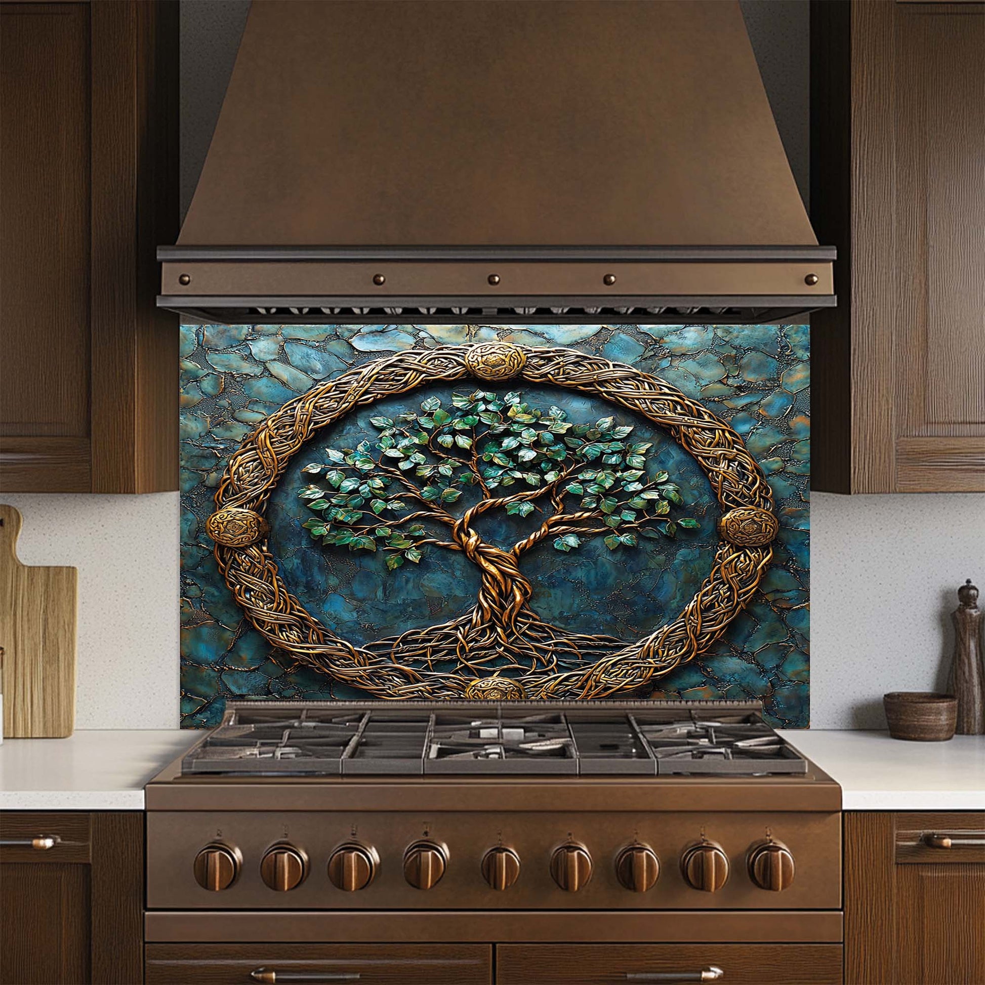 Decorative kitchen backsplash with tree design above a stove