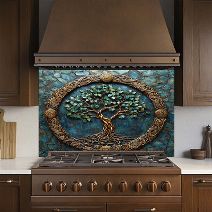 Decorative kitchen backsplash with tree design above a stove
