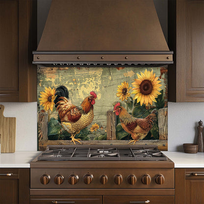 Kitchen stove with a decorative backsplash featuring roosters and sunflowers.