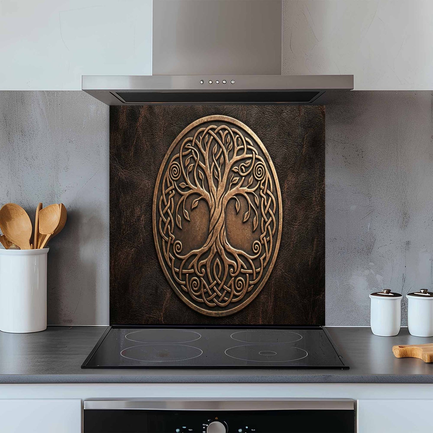 Decorative backsplash with tree of life design above a stove in a kitchen.