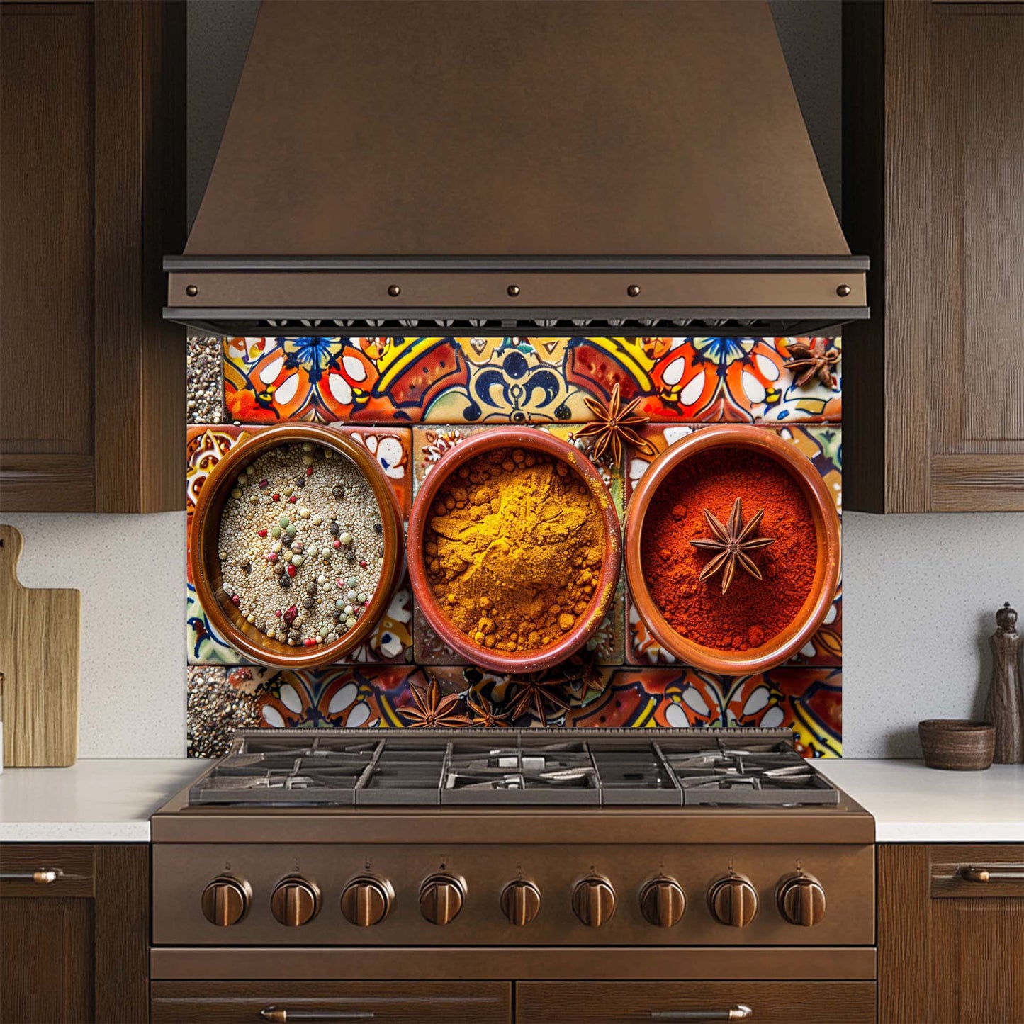 Decorative kitchen backsplash with spices and a stove in a kitchen setting