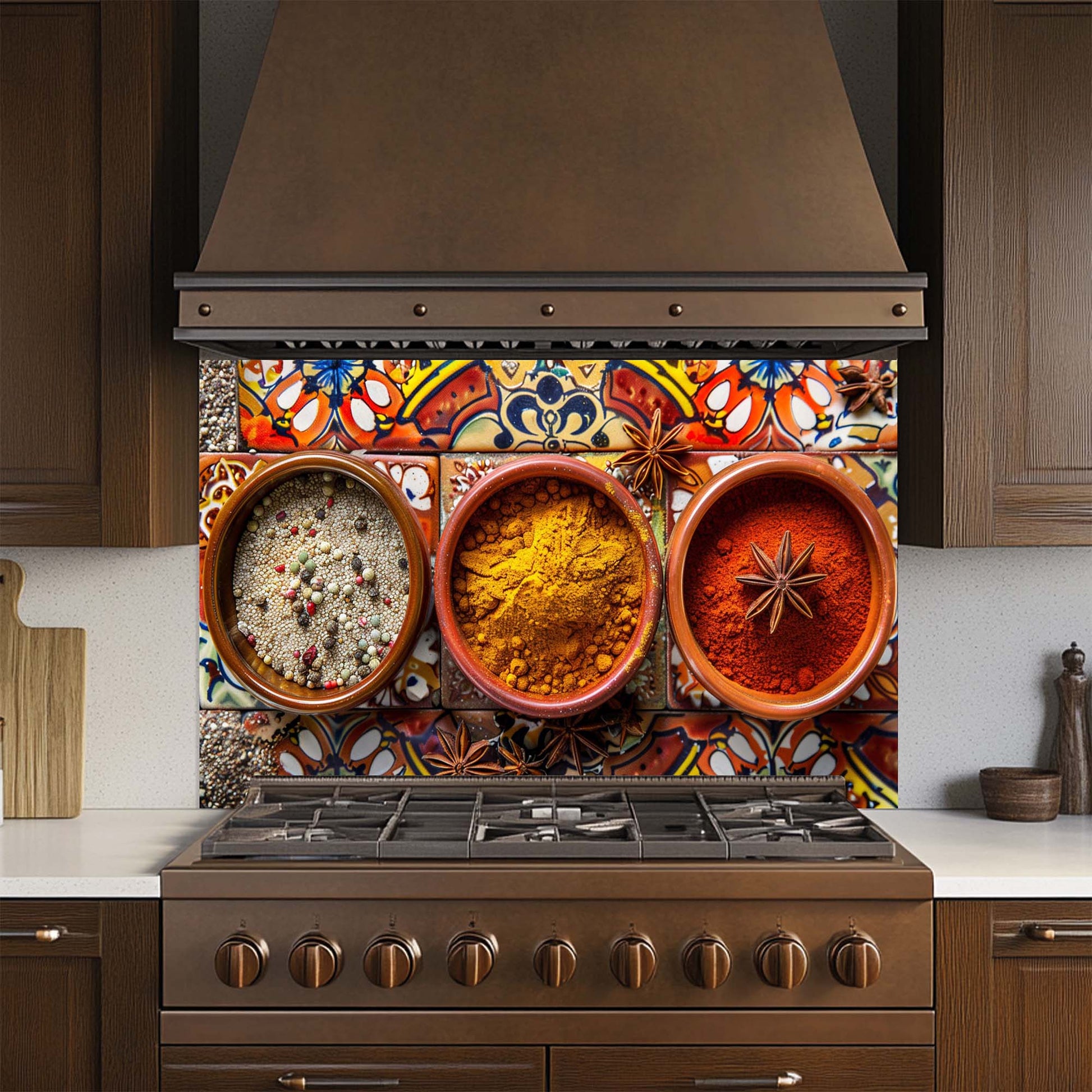 Decorative kitchen backsplash with spices and a stove in a kitchen setting