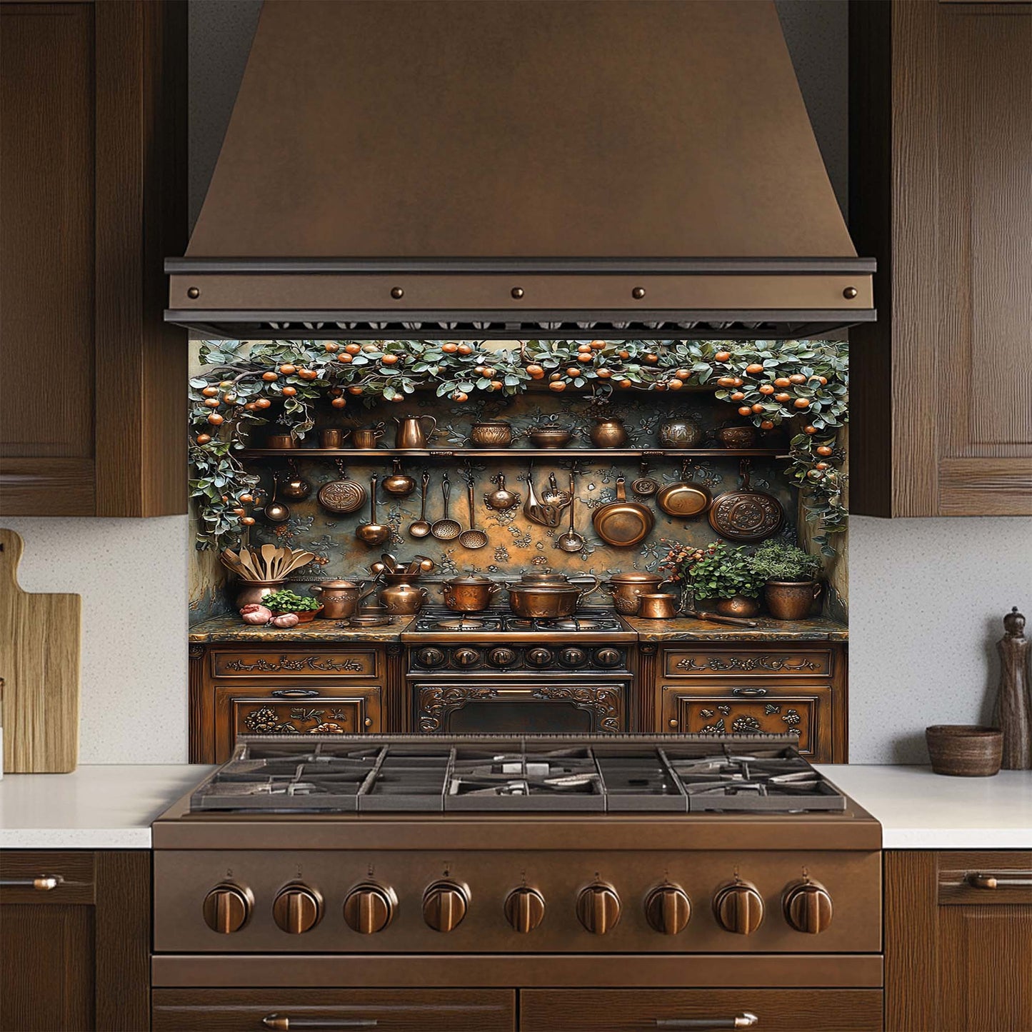Tempered glass backsplash with copper kitchen cookware, herbs, and orange garland – rustic stove panel design