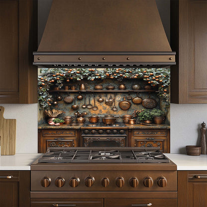 Tempered glass backsplash with copper kitchen cookware, herbs, and orange garland – rustic stove panel design