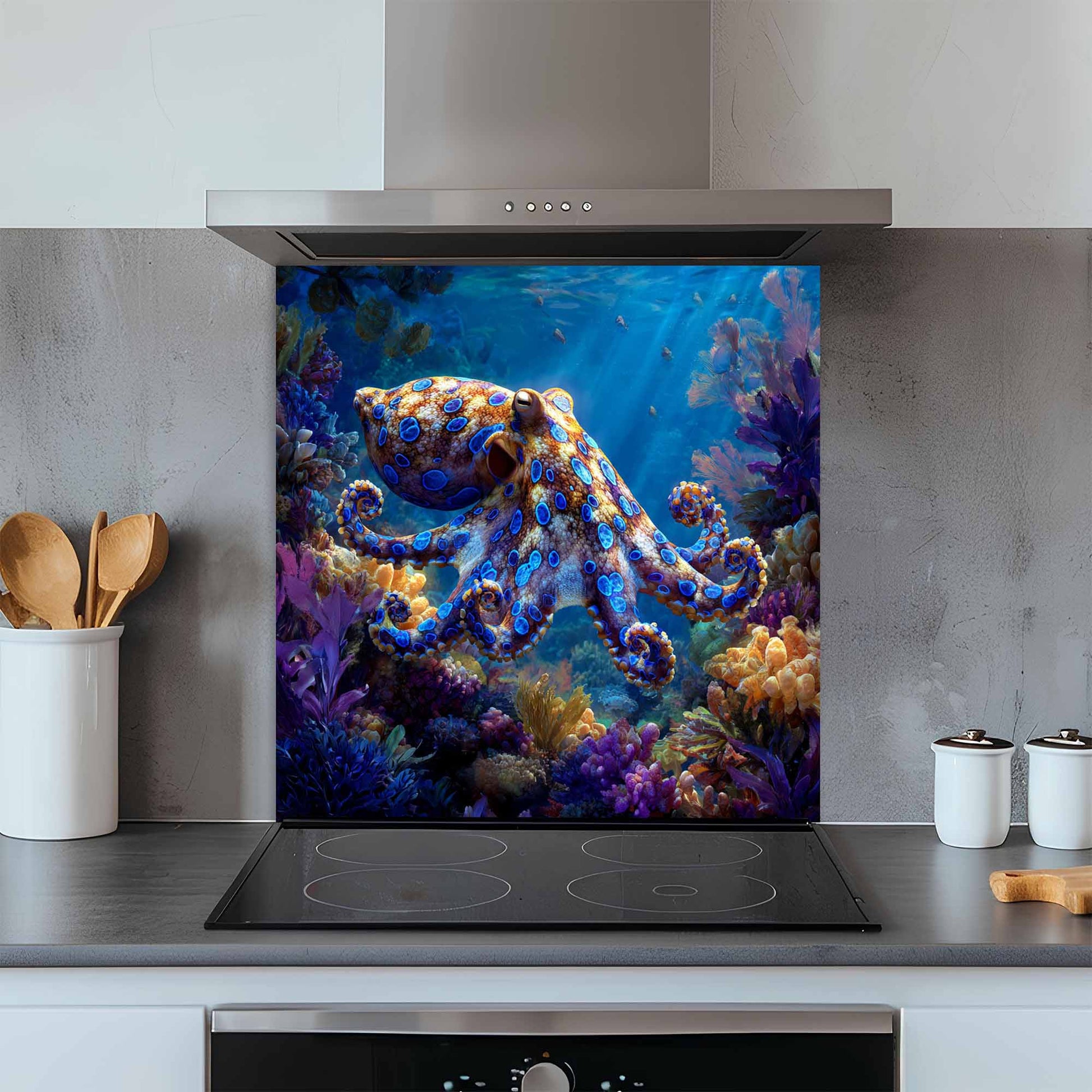 Kitchen with a decorative glass splashback featuring an octopus and coral.