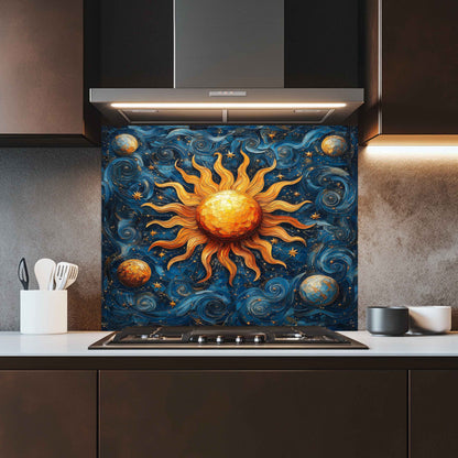 Kitchen with a decorative backsplash featuring a sun and planets design.