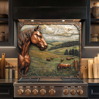 Tempered glass backsplash of a horse in a field above a stove with metallic finish.