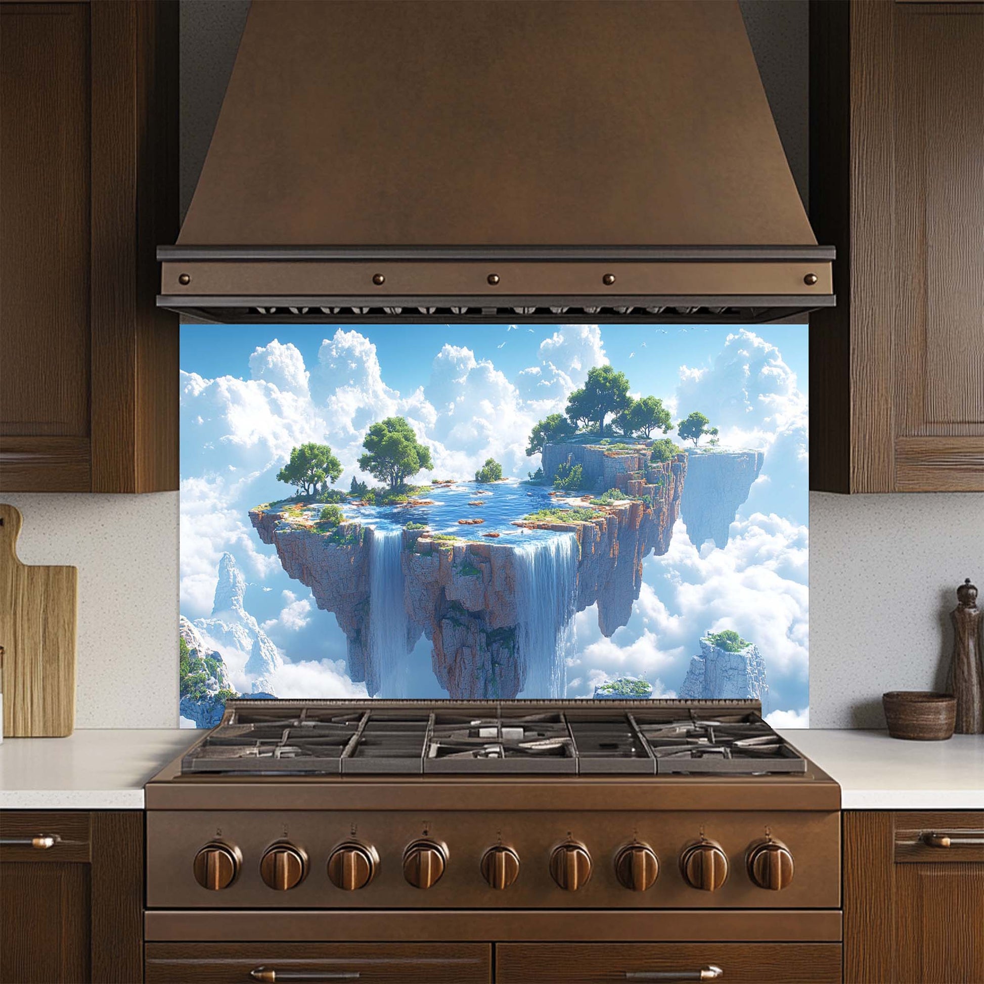 Kitchen with a stove featuring a scenic glass backsplash of a floating island with trees and waterfalls.