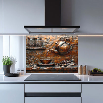 Kitchen with a decorative glass splashback featuring a teapot and cup design.