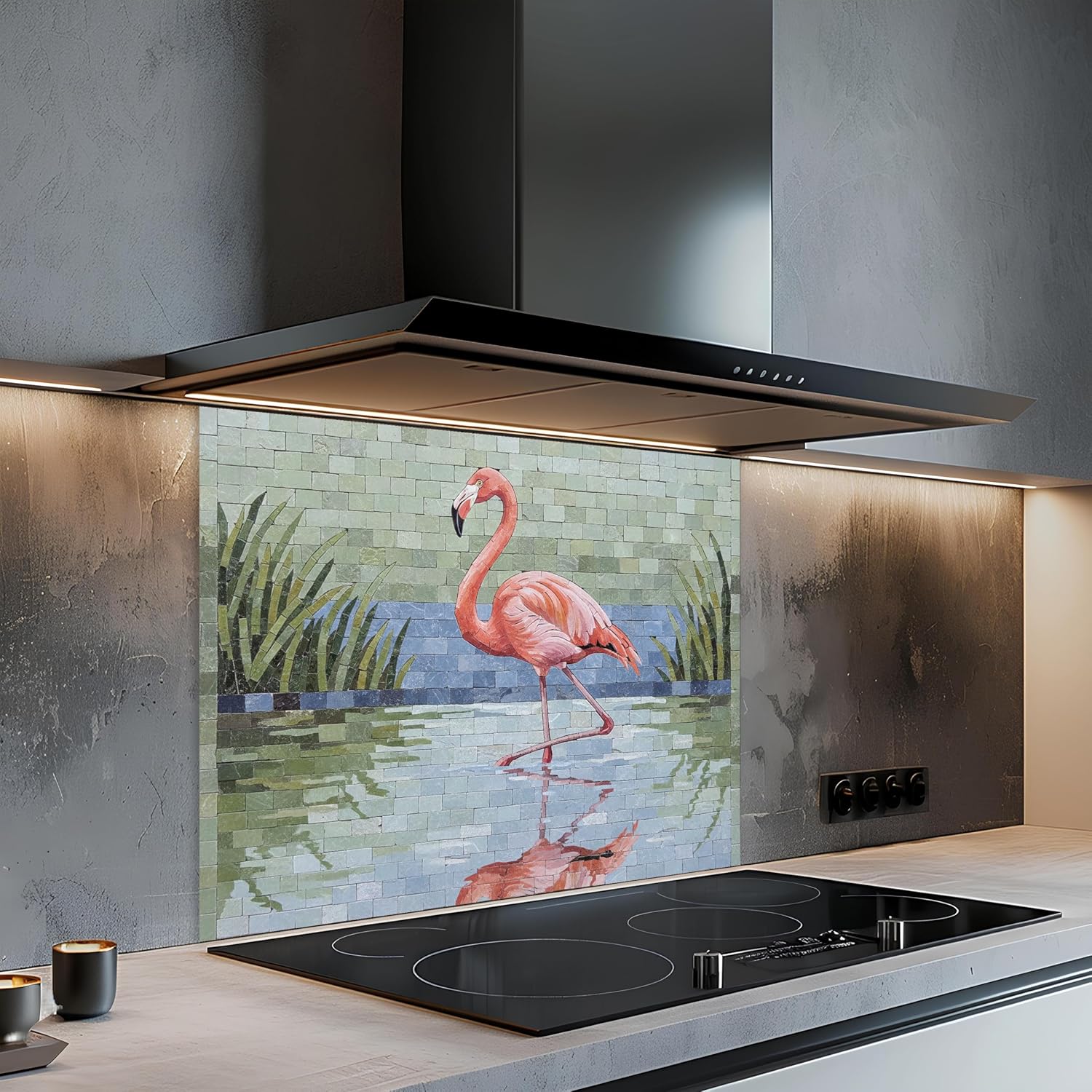 Modern kitchen with a decorative flamingo backsplash