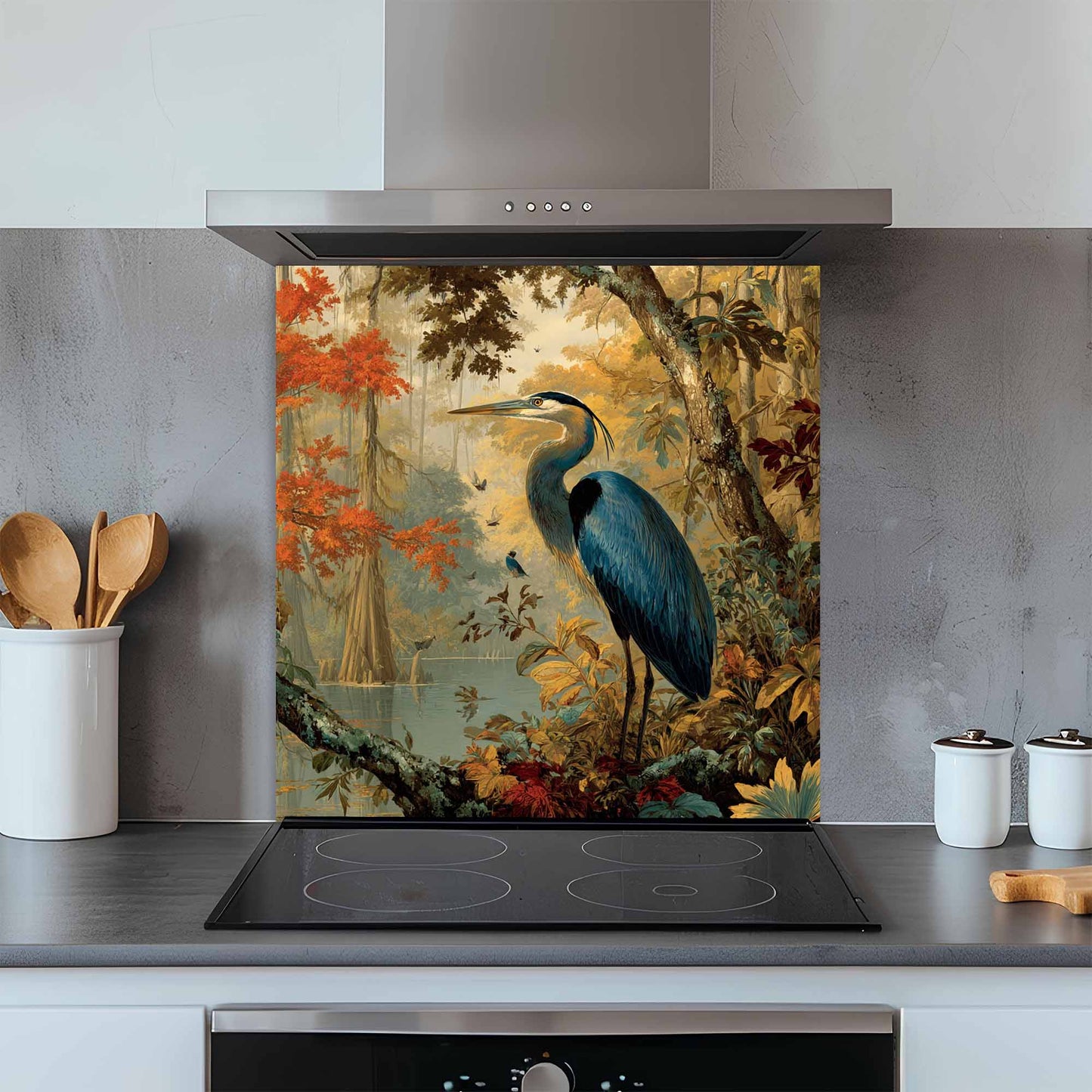 Kitchen with a decorative glass splashback featuring a heron and nature scene.