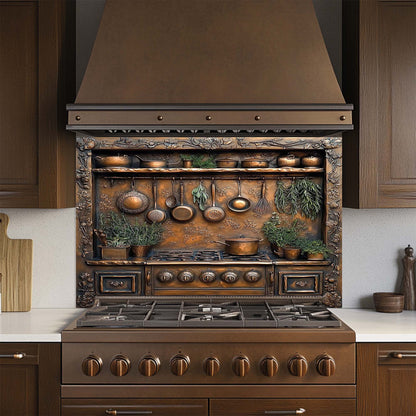 Copper look kitchen backsplash with hanging pans, herbs, and vintage stove – botanical tempered glass panel for rustic kitchens