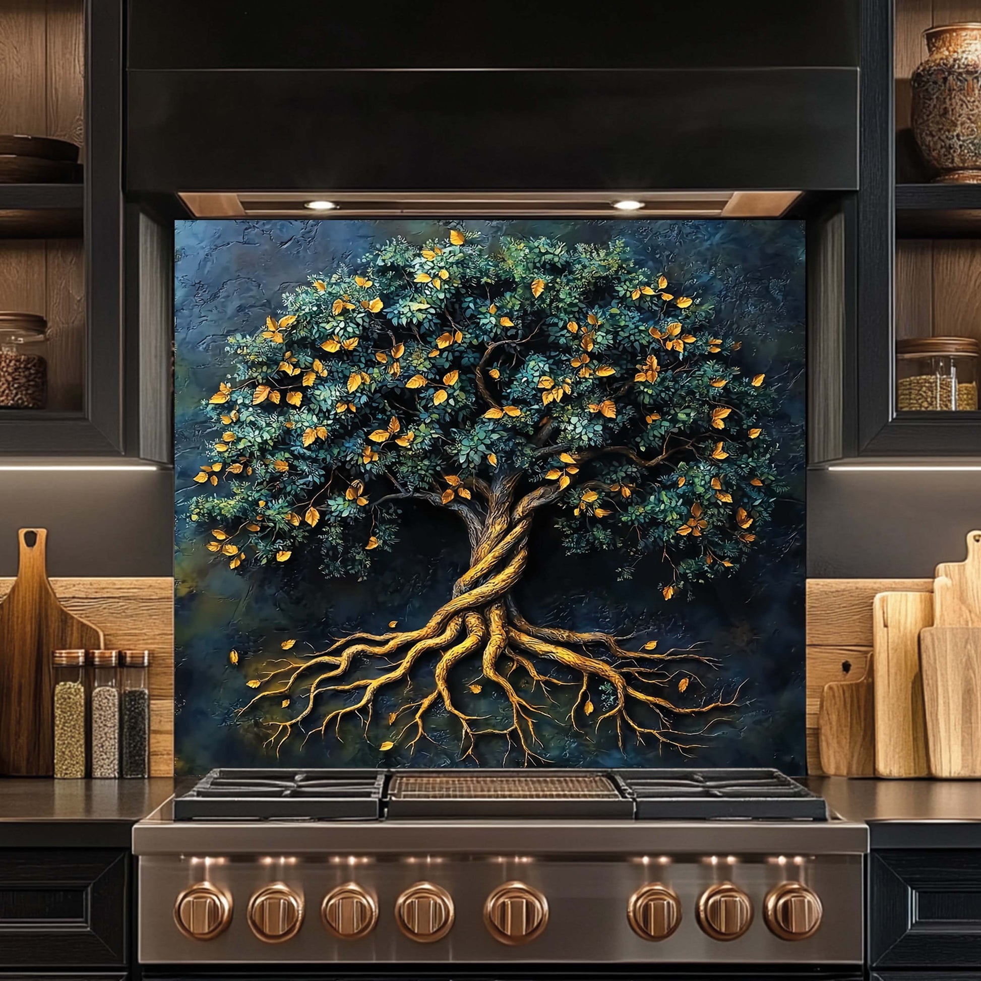 Decorative backsplash of a tree with roots on a kitchen stove