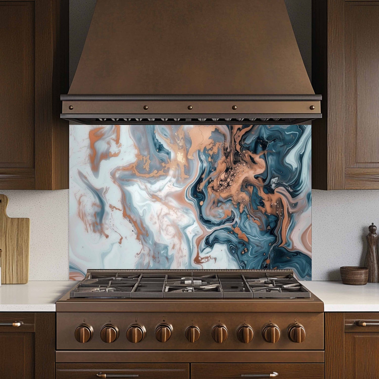 Stainless steel stove with marble-patterned backsplash in a kitchen setting