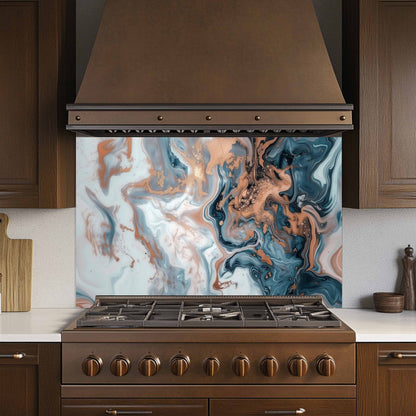 Stainless steel stove with marble-patterned backsplash in a kitchen setting