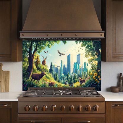 Kitchen stove with a decorative glass backsplash featuring a forest and cityscape design.