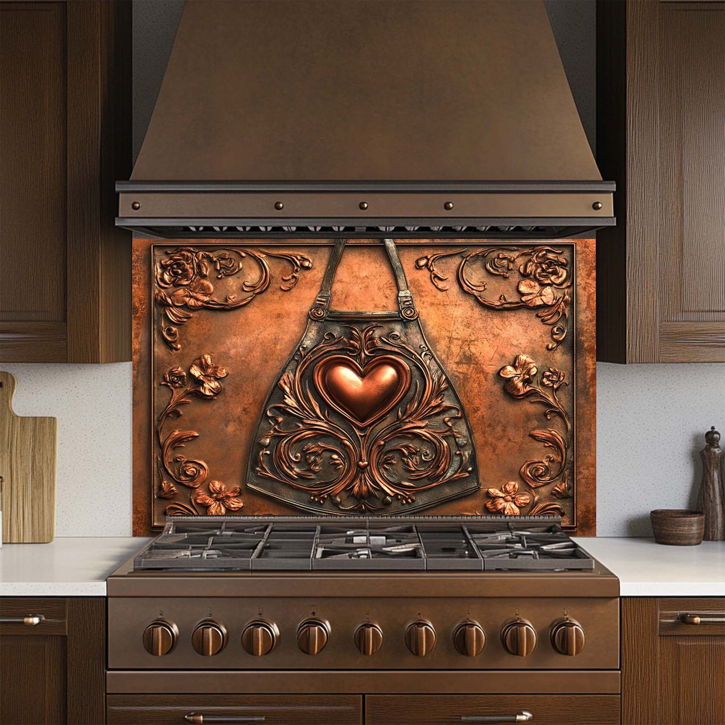 Decorative glass backsplash with heart design above a stove in a kitchen.