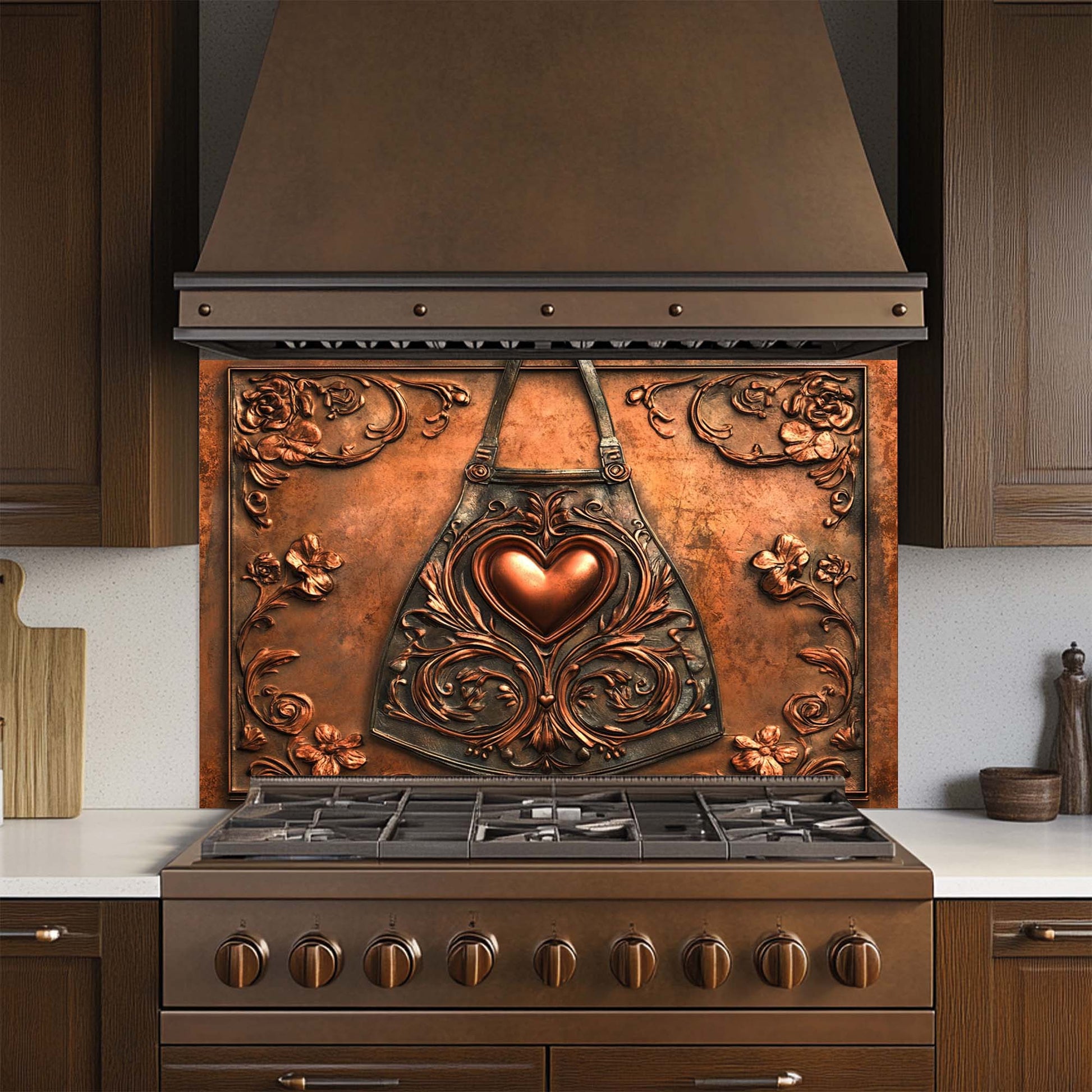 Decorative glass backsplash with heart design above a stove in a kitchen.