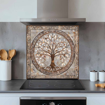 Decorative glass backsplash with a tree design above a stove in a kitchen.