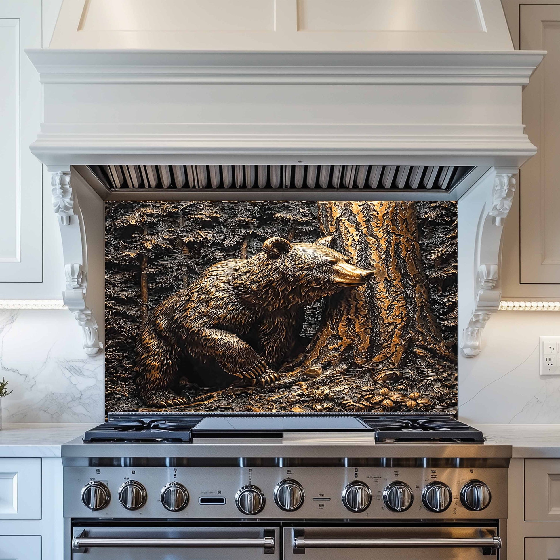 Stainless steel stove with bear design glass backsplash on the back in a kitchen setting